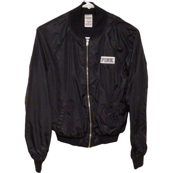 PINK Victoria's Secret Bomber Jacket Black w/ White Graphics Size XS - Picture 1 of 5
